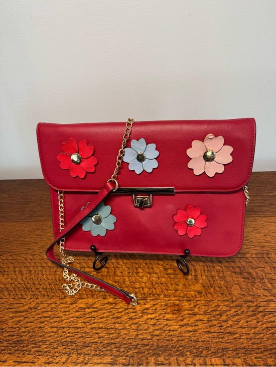 Source Unknown Handbags - Vibrant 3-D Red Leather Crossbody Bag with Multicolor Floral Appliqués
